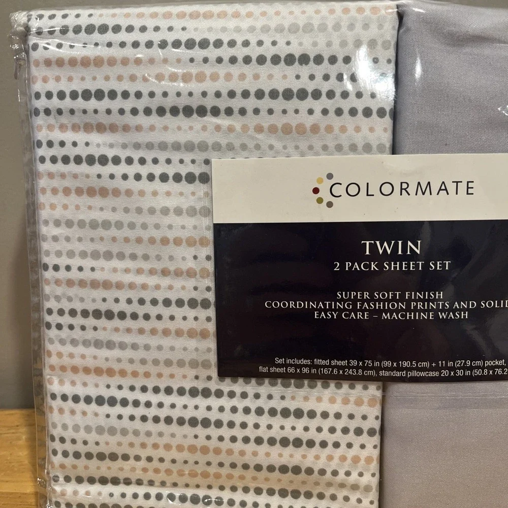 Colormate Twin Sheet Set Gray‎ Yellow Polka Dot Solid Sears Microfiber Vtg